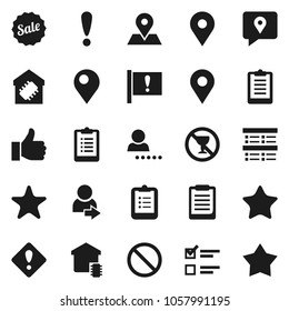 Flat vector icon set - clipboard vector, exam, prohibition sign, no alcohol, map pin, attention, traking, finger up, favorites, login, smart home, sale, star