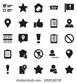 Flat vector icon set - clipboard vector, exam, prohibition sign, no alcohol, map pin, attention, traking, finger up, favorites, login, smart home, star, sale