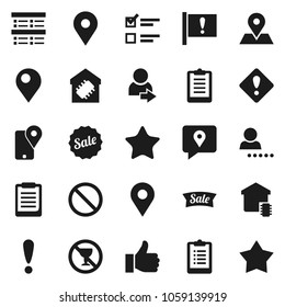 Flat vector icon set - clipboard vector, exam, prohibition sign, no alcohol, map pin, attention, traking, finger up, favorites, login, smart home, sale, star