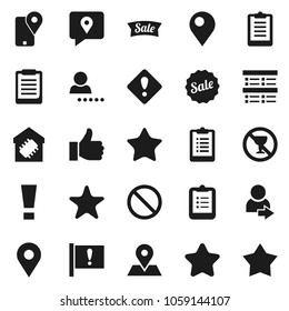 Flat vector icon set - clipboard vector, exam, prohibition sign, no alcohol, map pin, attention, traking, finger up, favorites, login, smart home, star, sale