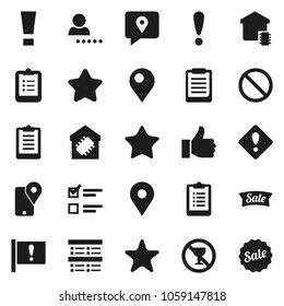 Flat vector icon set - clipboard vector, exam, prohibition sign, no alcohol, map pin, attention, traking, finger up, favorites, login, smart home, star, sale