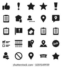 Flat vector icon set - clipboard vector, exam, prohibition sign, map pin, attention, traking, finger up, favorites, login, smart home, star, sale