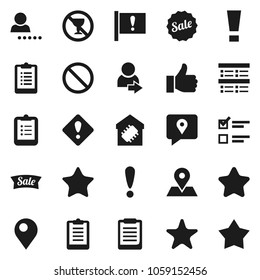Flat vector icon set - clipboard vector, exam, prohibition sign, no alcohol, map pin, attention, traking, finger up, favorites, login, smart home, star, sale