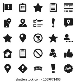 Flat vector icon set - clipboard vector, exam, prohibition sign, no alcohol, map pin, attention, traking, finger up, favorites, login, smart home, star, sale