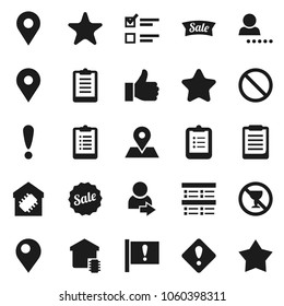 Flat vector icon set - clipboard vector, exam, prohibition sign, no alcohol, map pin, attention, finger up, favorites, login, smart home, star, sale