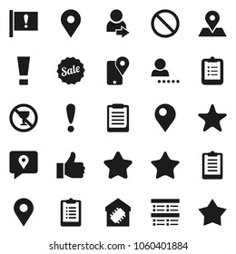 Flat vector icon set - clipboard vector, exam, prohibition sign, no alcohol, map pin, attention, traking, finger up, favorites, login, smart home, star, sale
