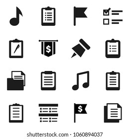 Flat vector icon set - clipboard vector, paper pin, music, flag, exam, dollar, document