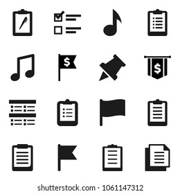 Flat vector icon set - clipboard vector, paper pin, music, flag, exam, dollar, document