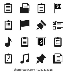 Flat vector icon set - clipboard vector, paper pin, music, flag, exam, dollar, document