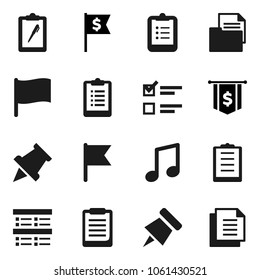 Flat vector icon set - clipboard vector, paper pin, music, flag, exam, dollar, document