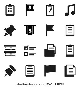 Flat vector icon set - clipboard vector, paper pin, music, flag, exam, dollar, document