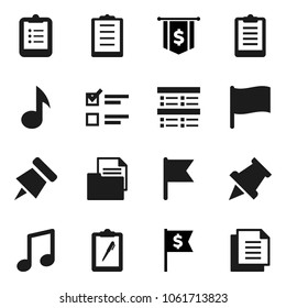 Flat vector icon set - clipboard vector, paper pin, music, flag, exam, dollar, document