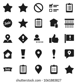 Flat vector icon set - clipboard vector, exam, prohibition sign, map pin, attention, traking, finger up, favorites, login, smart home, star, sale