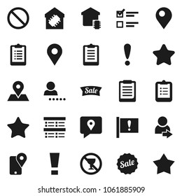 Flat vector icon set - clipboard vector, exam, prohibition sign, no alcohol, map pin, attention, traking, favorites, login, smart home, star, sale