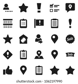 Flat vector icon set - clipboard vector, exam, map pin, attention, traking, finger up, favorites, login, sign, smart home, star, sale