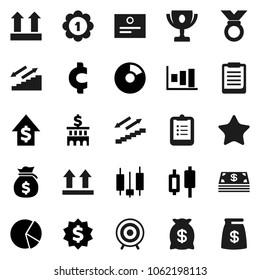 Flat vector icon set - clipboard vector, award cup, certificate, graph, pie, japanese candle, money bag, dollar growth, bank building, medal, cent sign, target, stairways run, top, favorites, cash