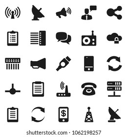Flat vector icon set - clipboard vector, satellite antenna, radio, loudspeaker, mobile phone, dialog, speaking man, hdmi, connect, network server, cloud lock, hub, router, share, refresh, wireless