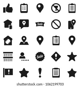Flat vector icon set - clipboard vector, exam, prohibition sign, no alcohol, map pin, attention, traking, finger up, favorites, login, smart home, star, sale