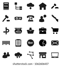 Flat vector icon set - clipboard vector, pie graph, cart, crisis, case, auction, route, phone 24, barcode, speaking man, group, mail, network, cloud exchange, home, download, hierarchy, mailbox, new