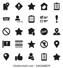 Flat vector icon set - clipboard vector, exam, prohibition sign, no alcohol, map pin, attention, traking, finger up, favorites, login, smart home, star, sale