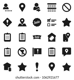 Flat vector icon set - clipboard vector, exam, prohibition sign, no alcohol, map pin, attention, traking, favorites, login, smart home, star, sale
