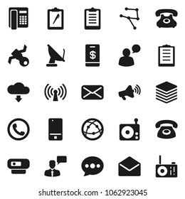 Flat vector icon set - clipboard vector, satellite, phone, radio, loudspeaker, internet, mobile, speaking man, mail, network, big data, message, cloud download, wireless, tap pay, web camera