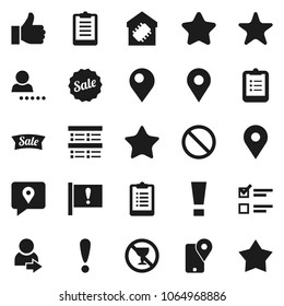 Flat vector icon set - clipboard vector, exam, prohibition sign, no alcohol, map pin, attention, traking, finger up, favorites, login, smart home, star, sale
