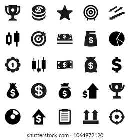 Flat vector icon set - clipboard vector, award cup, pie graph, japanese candle, money bag, dollar growth, target, sign, medal, stairways run, top, favorites, coin, cash