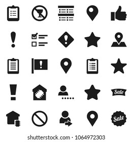 Flat vector icon set - clipboard vector, exam, prohibition sign, no alcohol, map pin, attention, finger up, favorites, login, smart home, star, sale