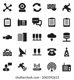 Flat vector icon set - clipboard vector, satellite, antenna, satellitie, dialog, speaking man, classic phone, network, server, firewall, hub, lan connector, refresh, cloud download, web camera