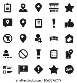 Flat vector icon set - clipboard vector, exam, prohibition sign, no alcohol, map pin, attention, traking, finger up, favorites, login, smart home, star, sale