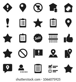 Flat vector icon set - clipboard vector, exam, prohibition sign, no alcohol, map pin, attention, traking, finger up, favorites, login, smart home, star, sale