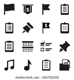 Flat vector icon set - clipboard vector, paper pin, music, flag, exam, dollar, document