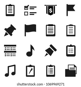 Flat vector icon set - clipboard vector, paper pin, music, flag, exam, dollar, document