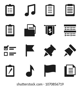 Flat vector icon set - clipboard vector, paper pin, music, flag, exam, dollar, document