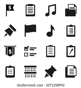 Flat vector icon set - clipboard vector, paper pin, music, flag, exam, dollar, document