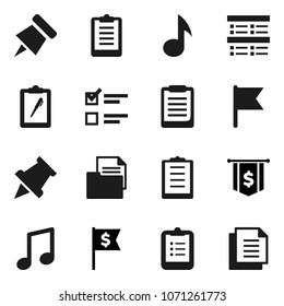 Flat vector icon set - clipboard vector, paper pin, music, flag, exam, dollar, document
