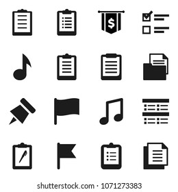 Flat vector icon set - clipboard vector, paper pin, music, flag, exam, dollar, document