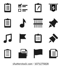 Flat vector icon set - clipboard vector, paper pin, music, flag, exam, dollar, document