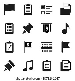 Flat vector icon set - clipboard vector, paper pin, music, flag, exam, dollar, document