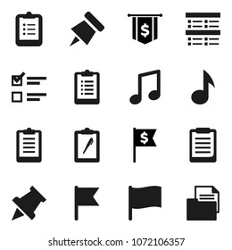 Flat vector icon set - clipboard vector, paper pin, music, flag, exam, dollar, document