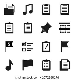 Flat vector icon set - clipboard vector, paper pin, music, flag, exam, dollar, document