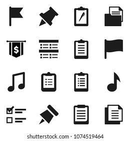 Flat vector icon set - clipboard vector, paper pin, music, flag, exam, dollar, document