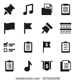 Flat vector icon set - clipboard vector, paper pin, music, flag, exam, dollar, document