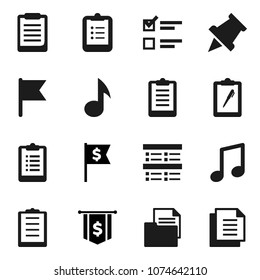 Flat vector icon set - clipboard vector, paper pin, music, flag, exam, dollar, document