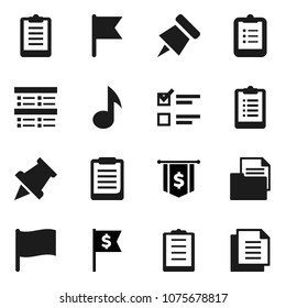 Flat vector icon set - clipboard vector, paper pin, music, flag, exam, dollar, document