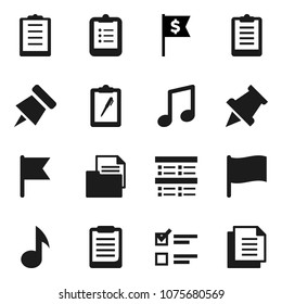 Flat vector icon set - clipboard vector, paper pin, music, flag, exam, dollar, document
