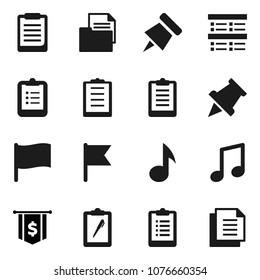Flat vector icon set - clipboard vector, paper pin, music, flag, exam, dollar, document