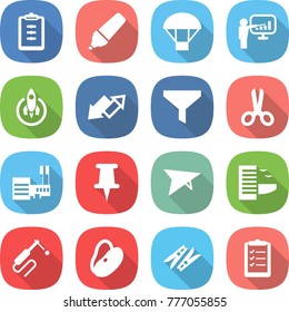 flat vector icon set - clipboard vector, marker, parachute, presentation, rocket, up down arrow, funnel, scissors, mall, pin, deltaplane, hotel, welding, beans, clothespin, list