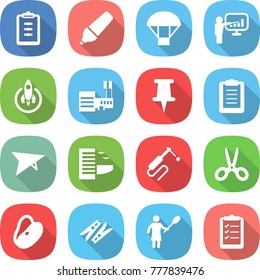 flat vector icon set - clipboard vector, marker, parachute, presentation, rocket, mall, pin, deltaplane, hotel, welding, scissors, beans, clothespin, woman with duster, list